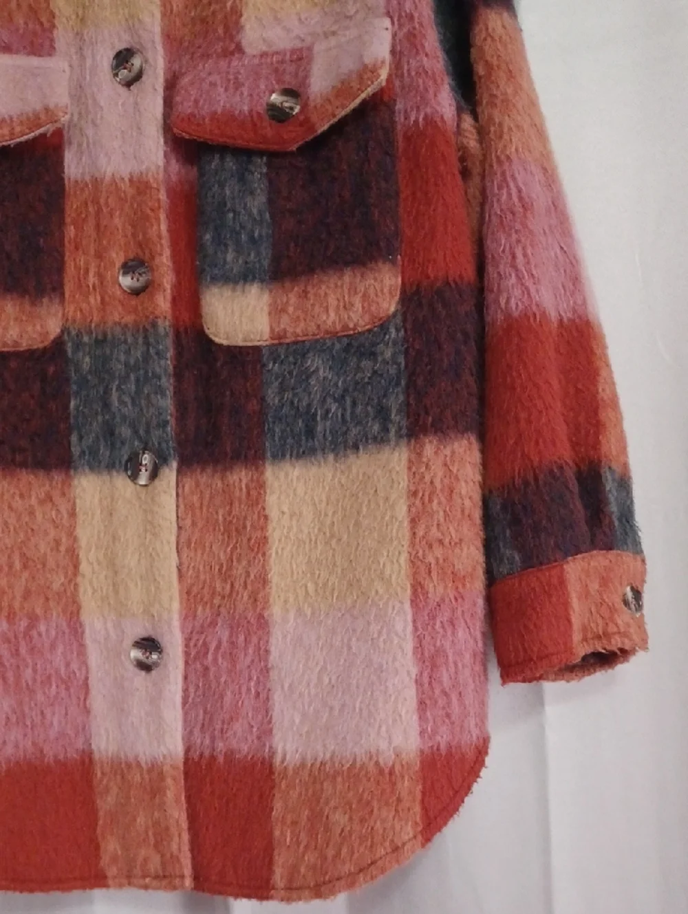 Polagram Fuzzy Plaid Checked Teddy Shacket Chore Jacket Button Front Earthtones